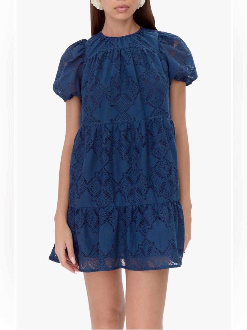 Adelyn Rae Navy Eyelet Puff-Sleeve Tiered Mini Dress